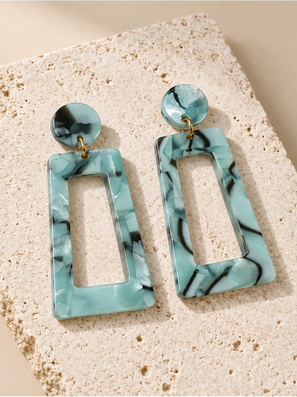 Fashion Jewelry Teal Marbled Rectangle Drop Earrings